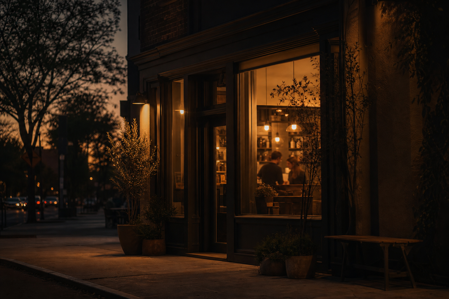 An independent café glowing with warm light at dusk